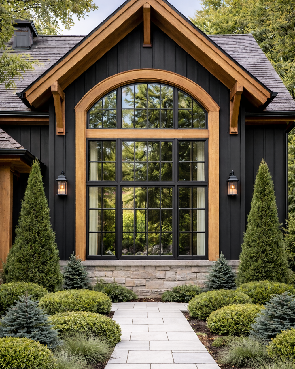 Stately house entrance with large arched window, stone pathway, and greenery.