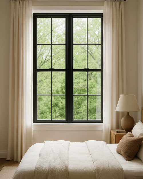 Bedroom with a large window, white bedding, and a lamp on a nightstand.