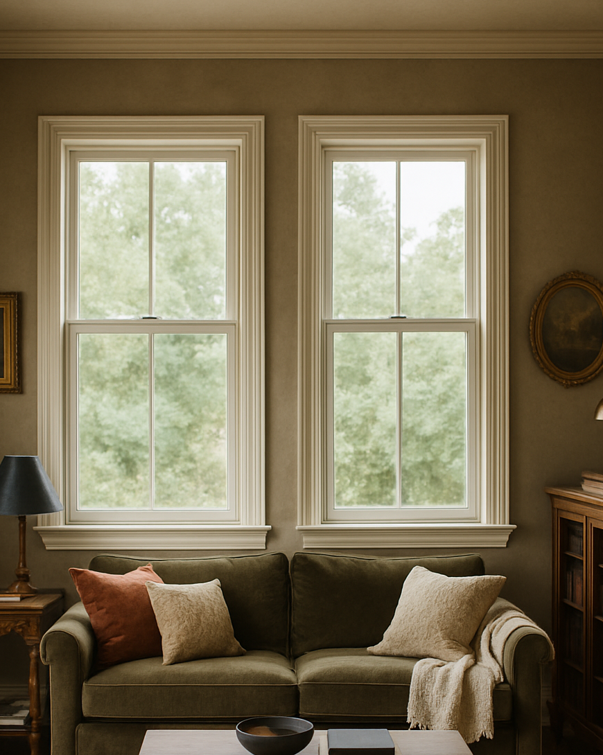 Living room with a green sofa, wooden coffee table, and large windows.